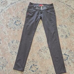 U-Turn Jeans Charcoal Gray Embroidered Embellished Skinny Jeans Size XL 44 EUC